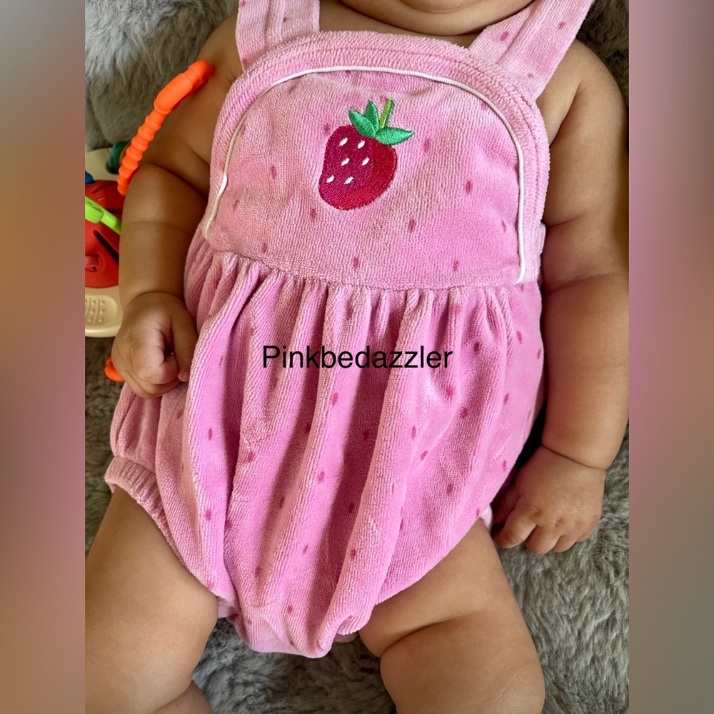Vintage Le Top Strawberry Overalls Velvet ‎ Bubble Romper Summer Sz 3M